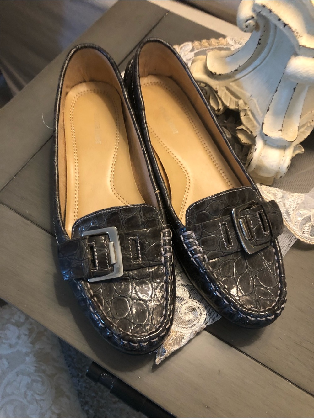 Naturalizer Slate grey/black Croc-Embossed Leather Loafers with Silver Buckle - Picture 4 of 5
